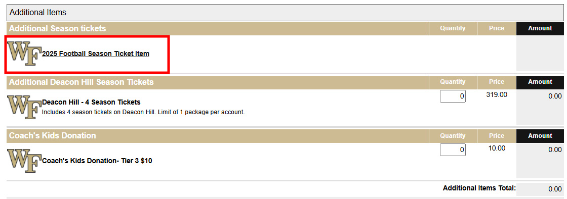 Screenshot of Additional Items Section on 2025 Football Renewal Application