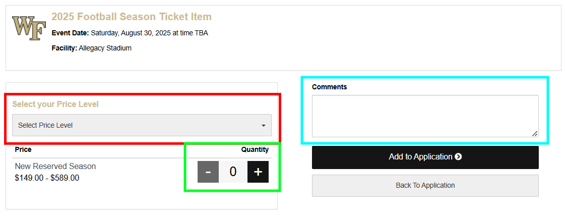 Screenshot of Add On Season Ticket Item Page on 2025 Football Renewal Application