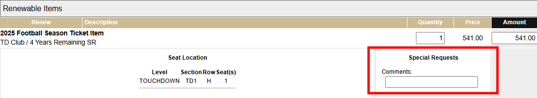 Screenshot of special requests comment box on 2025 Football Renewal Application
